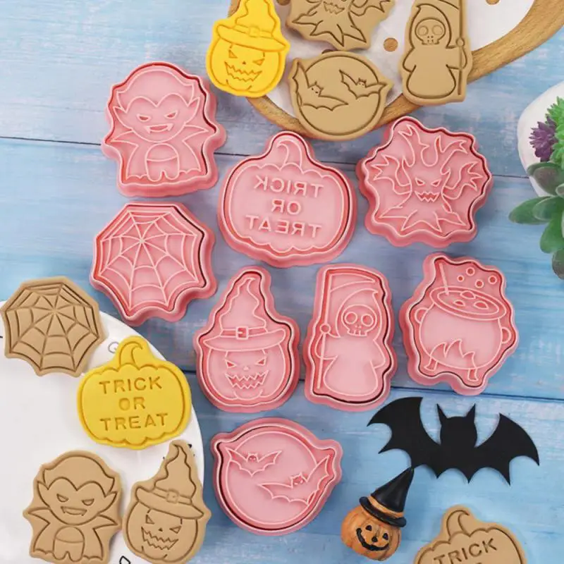Cookie Cutters Set Cartoon Owl Castle Pumpkin Witch Vampire Skull Pressable Stamp Biscuit Mold Halloween Decoration