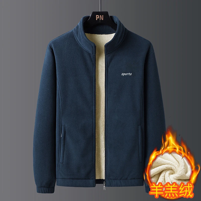 2024 New Casual Half High Collar Solid Autumn Winter Men's Jacket Pocket Zipper Long Sleeve Plush Thickened Korean Plush Coat