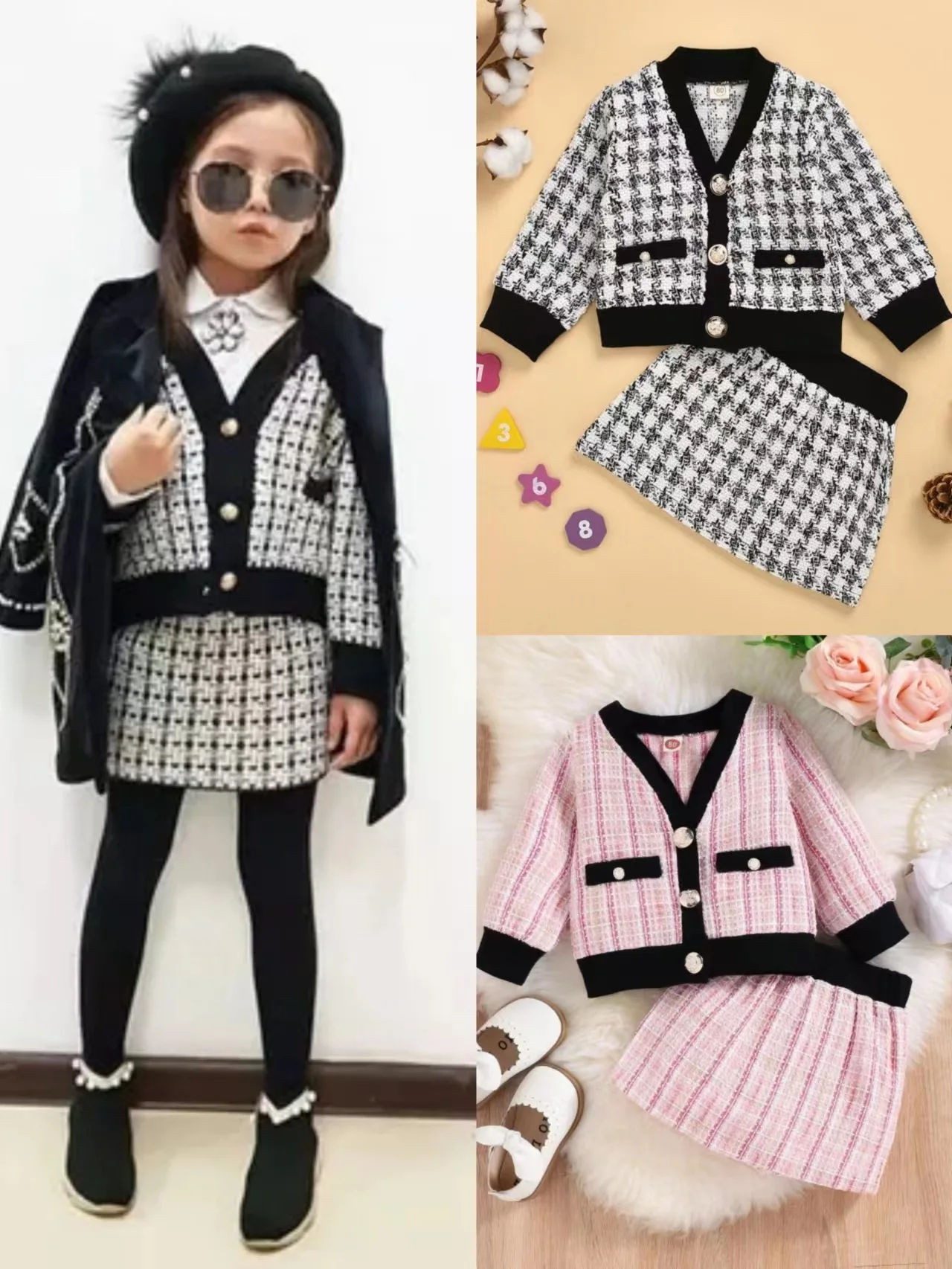 여아용 니트 가디건 수트 의류, 아동용 격자 무늬 V넥 재킷, 플리츠 스커트, 2 피스  트렌드, 2-6 세
