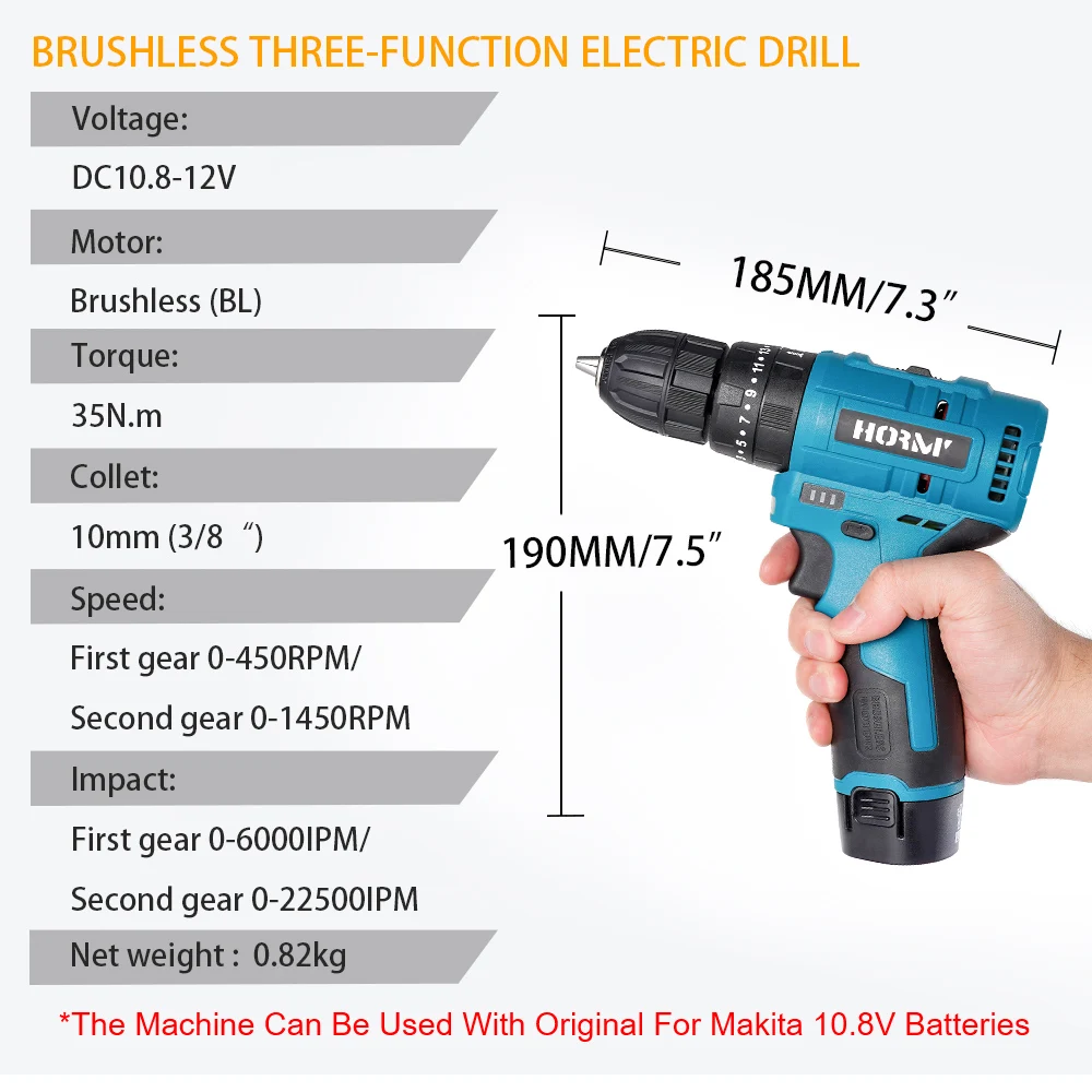 Brushless Electric Hammer Drill 2-Speed 3 in 1 Impact Drill Screwdriver Portable Woodworking Tool For Makita 10.8V Battery