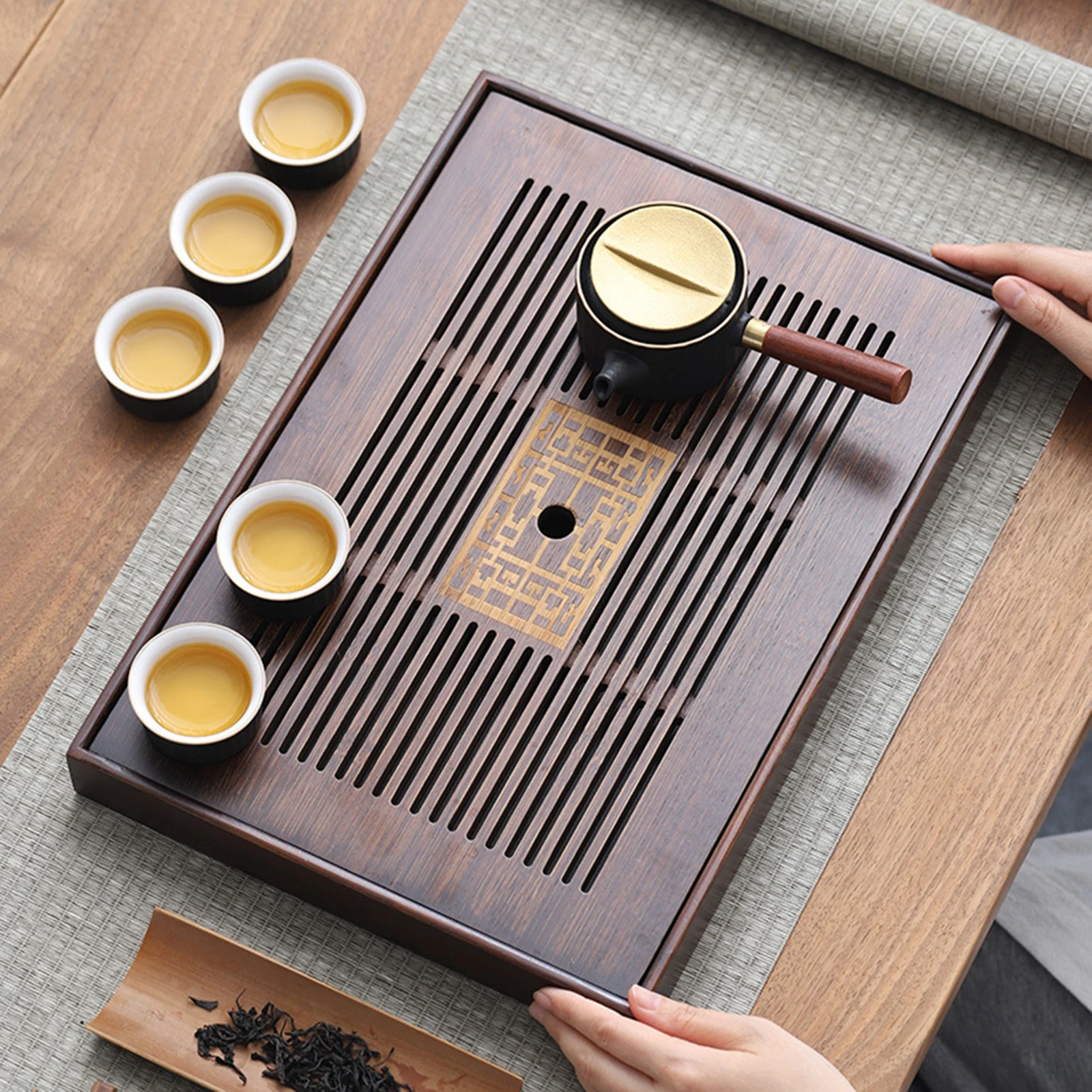 Chinese Tea Tray with Water Storage Box Durable Simple Drainage Type Plate Tea Serving Tray for Teahouse Home Household Office