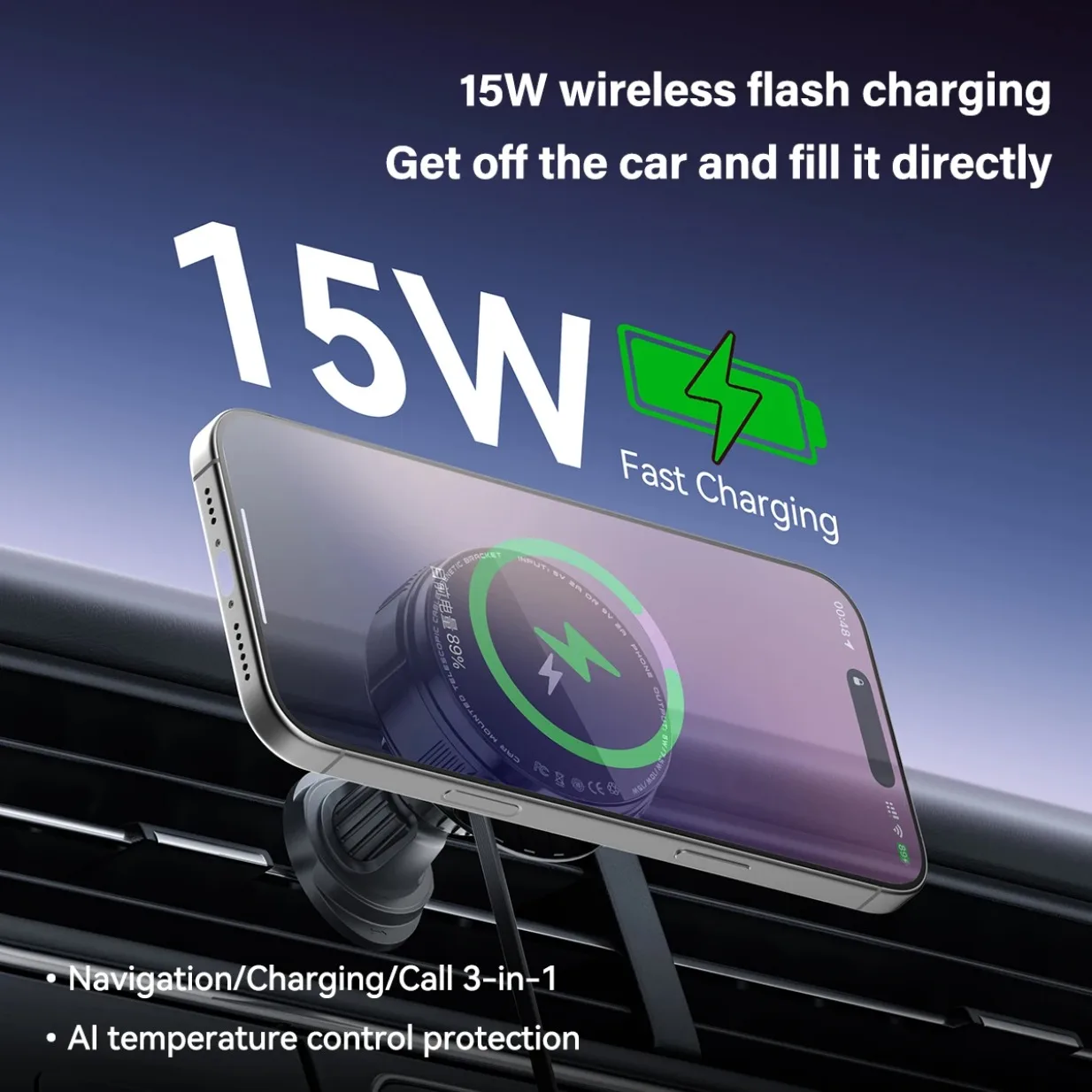 Car Magnetic Wireless Charger Built in 70cm Type C Cable Air Outlet Phone Holder For iPhone 16~12 Samsung Xiaomi Fast Charging