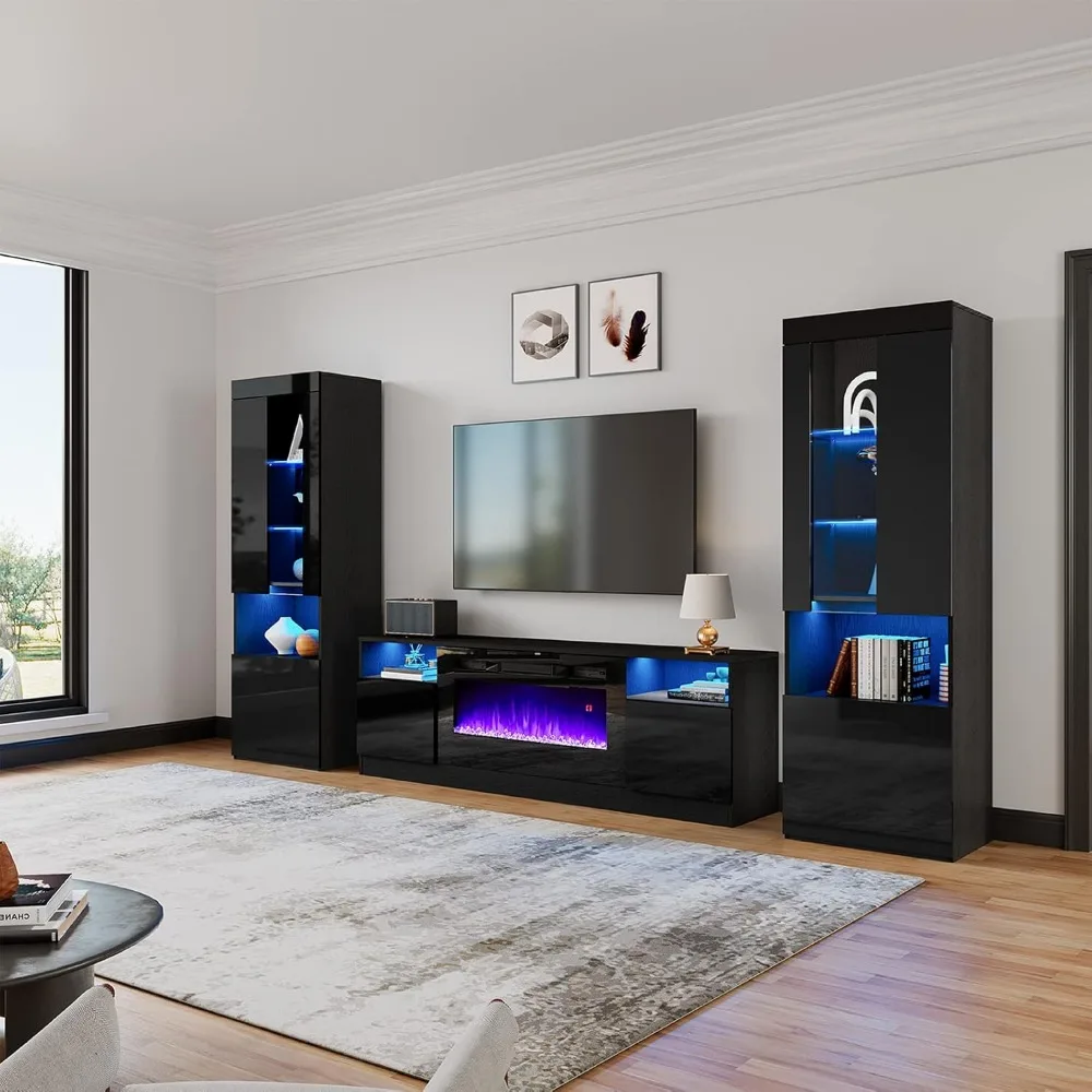Fireplace Entertainment Center Set, Including A 70 Inch Fireplace TV Stand and 2 LED High Gloss Bookshelves 5