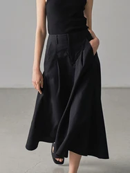 Pocket Solid Midi Skirts 2023 Summer Women High Waist Fashion Chic Simple Folds Folds Bottom Vintage Casual Office Lady Skirt