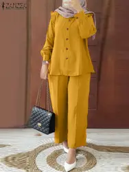 2PCS Vintage Long Sleeve Shirt Matching Sets Trousers Suits ZANZEA Fashion Muslim Pant Sets Dubai Turkey Abaya Loose Outifits