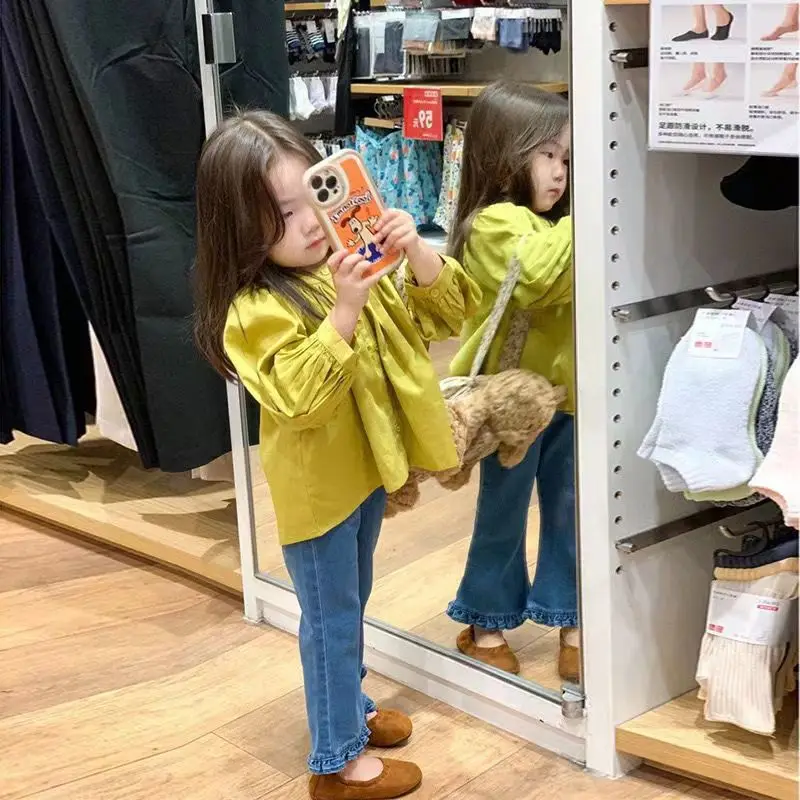 Girl Top New Spring Fashion Wild Style Puff Sleeves Doll Shirt Simple Loose Solid Long Sleeve Top Baby Girl Clothes