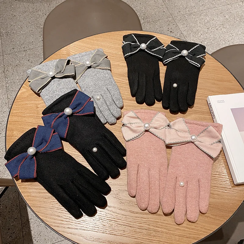 

Модные элегантные женские универсальные кашемировые перчатки с бантом и жемчугом зимние Утепленные мягкие перчатки для сенсорного экрана для вождения и езды на велосипеде