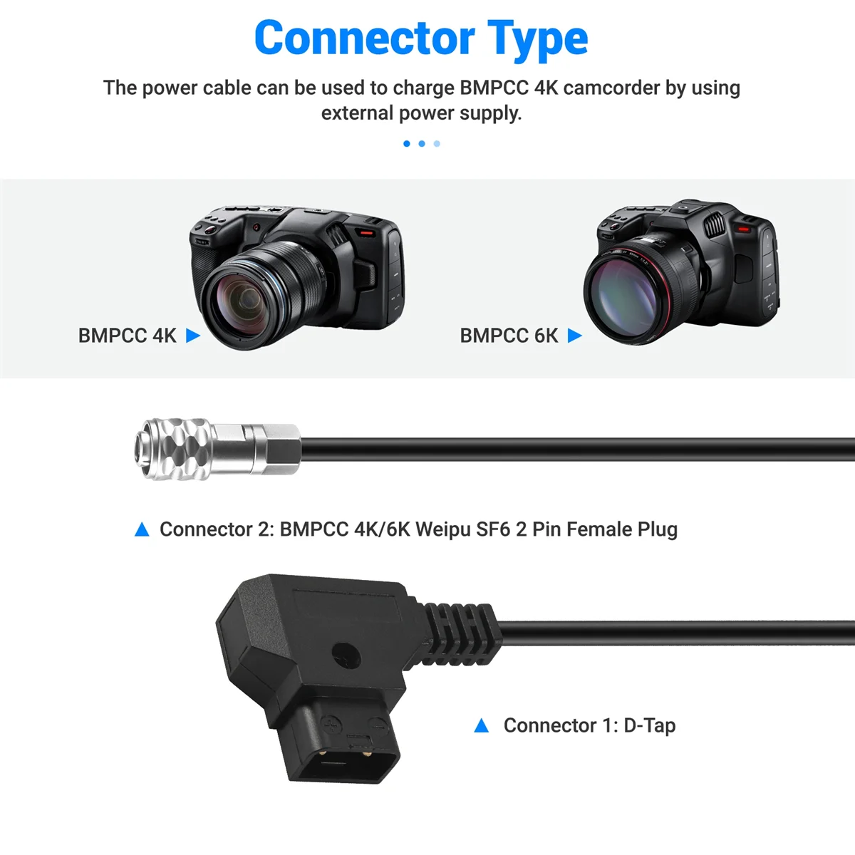 포켓 시네마 카메라 4K V 마운트 배터리용 BMPCC 4K 2핀 잠금 전원 케이블에 FUFU D-Tap