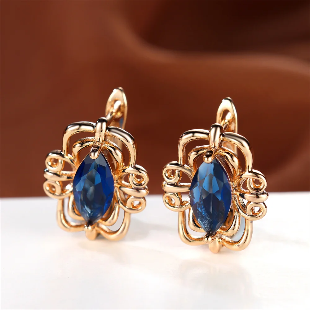 Trendy Blue Crystal Zircon Marquise Stone Hoop Earrings For Women Vintage Gold Color Ear Buckle Wedding Jewelry Engagement Gifts