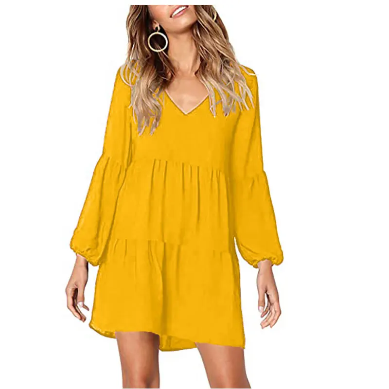 

SLPBELY Women Summer Tunic Dress V Neck Casual Loose Flowy Swing Shift Dresse solid Color Cake Dress Ruffle Edge Thin Large Size