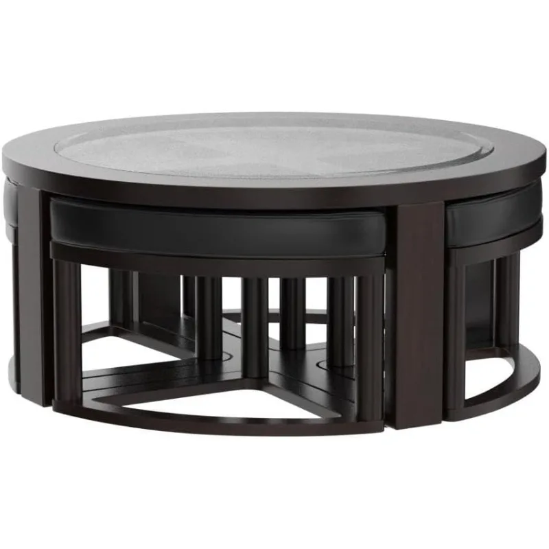 

Solid Wood Glass Top Round Coffee Table with 4 Stools Cofee Table