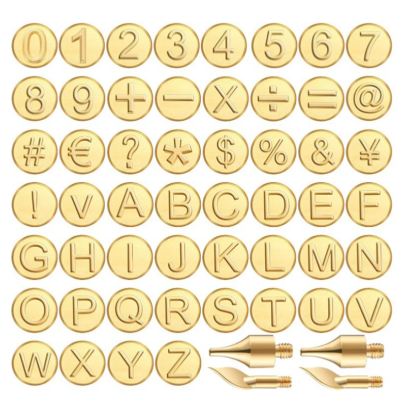 

U50 56Pcs Wood Burning Tip Set Letter Wood Burning Tool Including Alphabet Number Symbol Durable Brass Alphabet Number Template