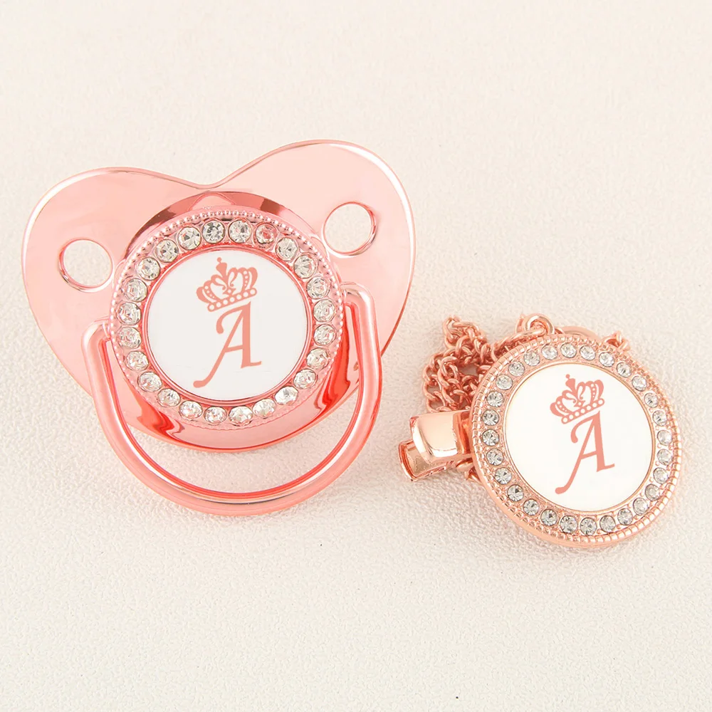 

Rose Gold Crown 26 Name Initial Letter Baby Pacifier With Clip Food Grade Silicone Dummy Soother Bling Baby Pacifier Unique Gift