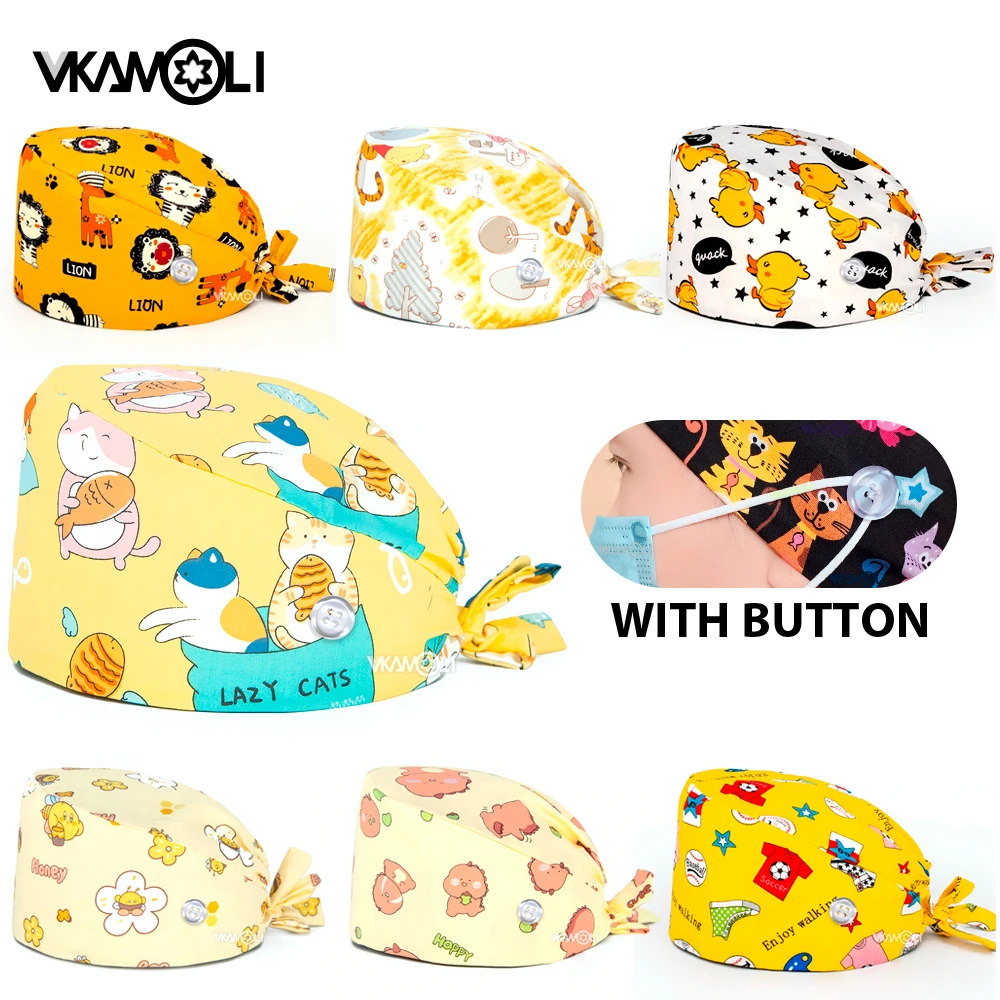 

yellow cotton Nurse Hat scrubs Cap Pet clinic Work Hats Casual Unisex doctor Surgical Dentist Operating room Elastic work caps