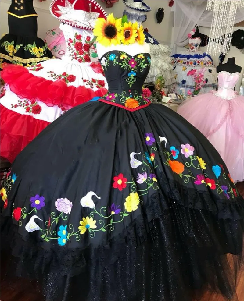 Black Embroidery Quinceanera Dresses Charro Lace-up Corset customsized  Sweet 15 Mexican Gilrs Prom Gowns vestido de XV anos - AliExpress 320
