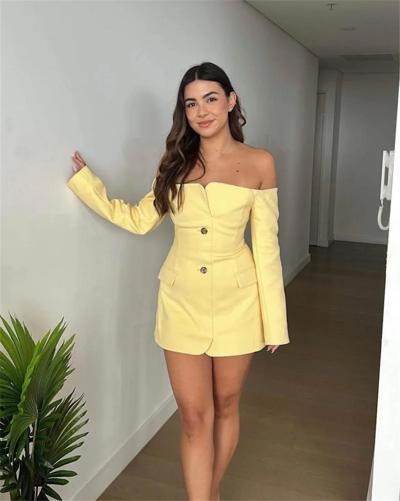 Off-shoulder Strapless Sexy Blazer Dress For Women Fashion Solid Zipper Two Pocket Long Sleeve Backless Mini Dress