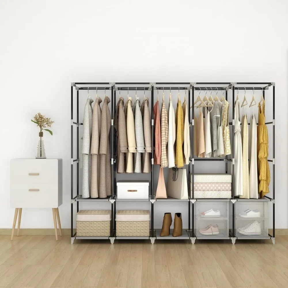 Portable Closet Wardrobe, Clothes Storage Rack Organizer with Cover, Side Pockets, 5 Clothes Hanging Rods 3
