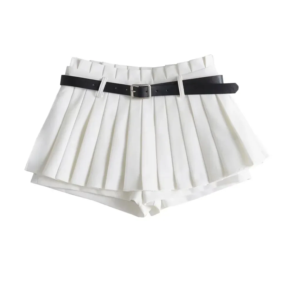 Low Waist Slim Mini Pleated Skirt For Women 2025 Summer Casual Black Belt Skirts Babes Fashionable Solid Une Jupe Ligne