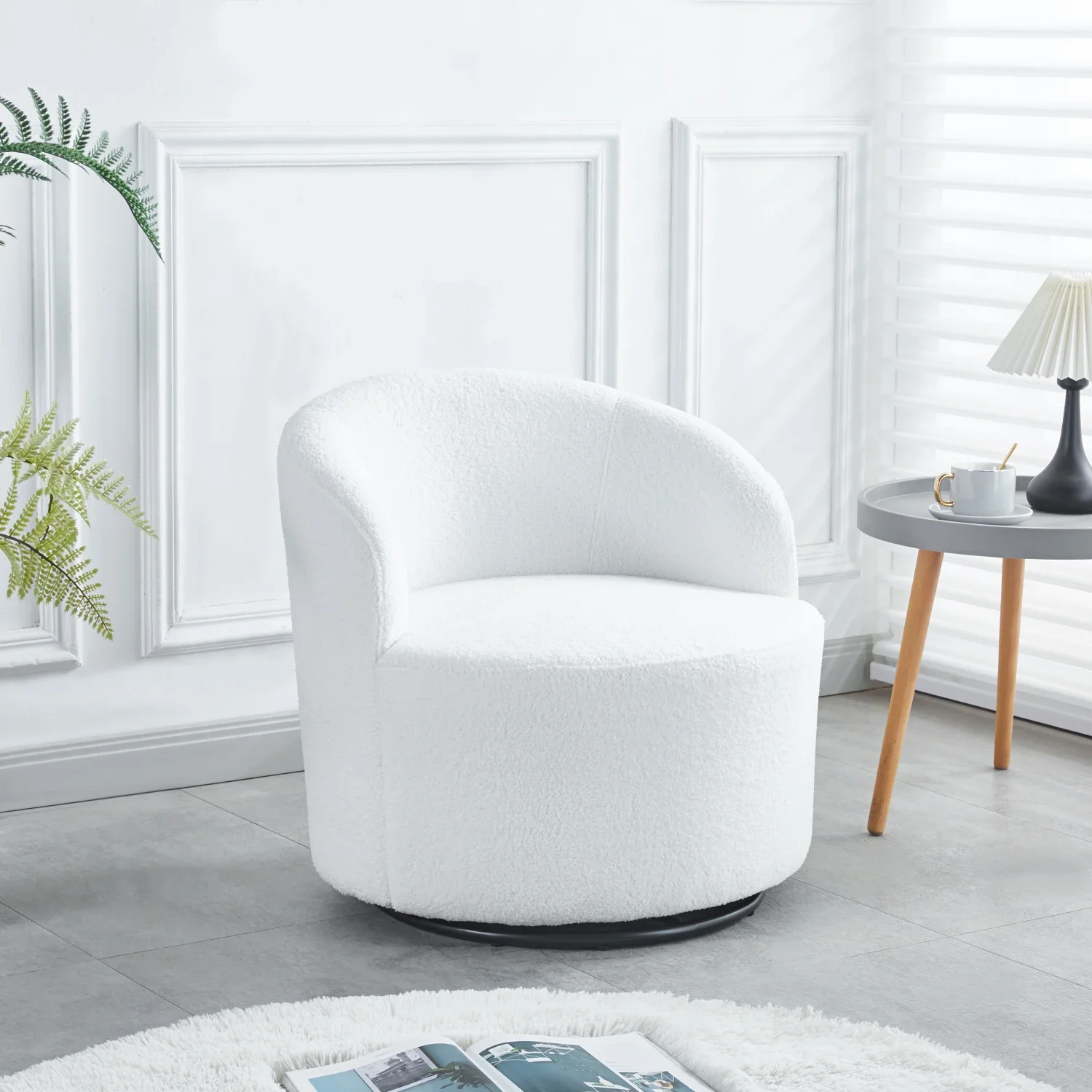 

Modern Wide White Plush Swivel Barrel Chair with 360° Silent Rotating Base - Stylish and Comfortable Swivel Chair for Living Ro