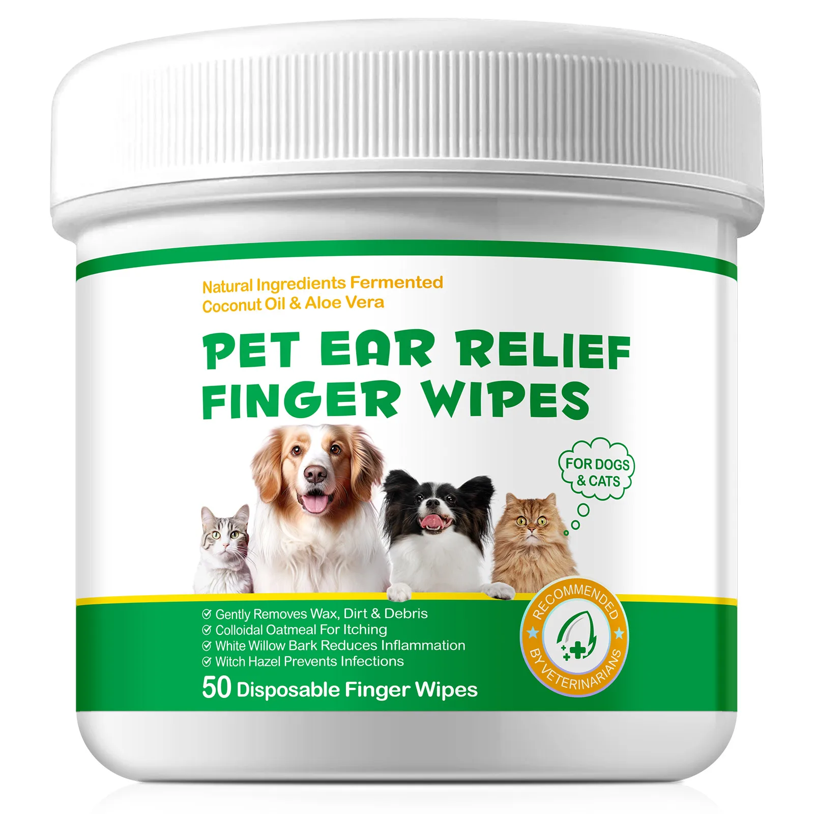 Pet Ear Relief Finger Wipes Natural Ingredients Fermented Coconut Oil and Aloe Vera for Dogs Cats Support Health Clean Pets Ears