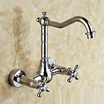 อ่างล้างหน้าทองเหลืองสีทองหรูหราในห้องครัวห้องน้ำก๊อกน้ำผสมก๊อกติดผนังแบบคู่ 2