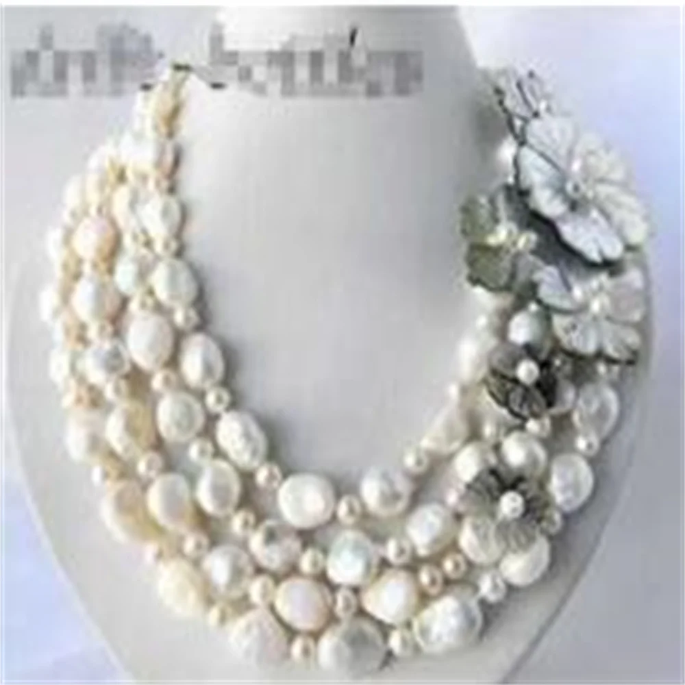 4srands-18''-12mm-black-coffee-white-baroque-round-freshwater-pearl-shell-flower-necklace