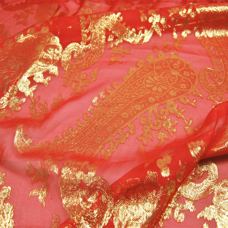 

Modern Fashion Red Silk Metallic Fabric Paisley Soft Comfortable Lurex Gold Beautiful for Women Scarves Shawl Shirt