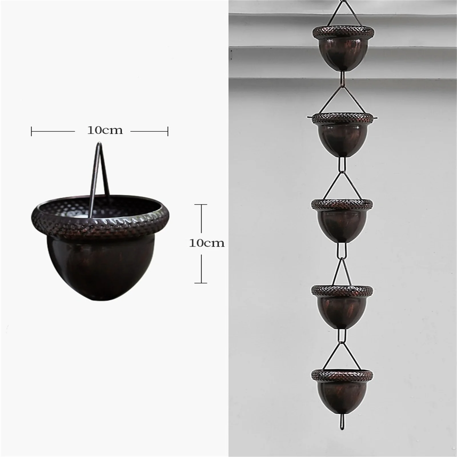 Description Picture 4 of item3.3FT Rain Chains Outside Aluminum With 15 Handmade Large Cups Adjustable Replacement Acorn Rain Chain Gutters Eaves Drainage