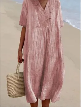 Summer Solid Color Cotton And Linen Dress Women Fashion Short Sleeve V Neck Loose Midi Dress Casual Holiday Beach Dresses Female 1