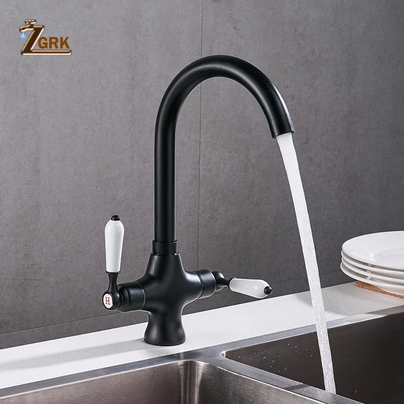 ZGRK Kitchen Faucets Matte Black Dual Handle Kitchen Tap Single Hole 360 Rotation Water Mixer Tap Chrome White Sink Tap