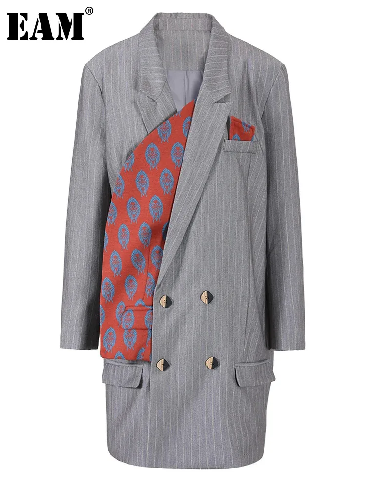 

[EAM] Women Gray Striped Long Big Size Blazer New Lapel Long Sleeve Loose Fit Jacket Fashion Tide Spring Autumn 2024 1DE8522