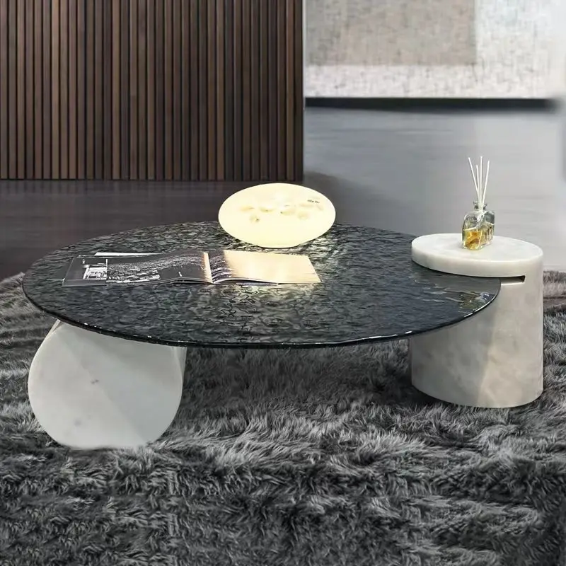 

Simple Modern Living Room Tea Table Small Unit Water Wave Textured Tempered Glass Advanced Mesh Red Circular Tea Table