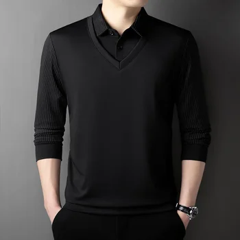 Nuova Camicia Polo da Uomo 2026, Casual e alla Moda, a Maniche Lunghe, Tinta Unita, Effetto Due Pezzi, Versatile per Tutte le Stagioni