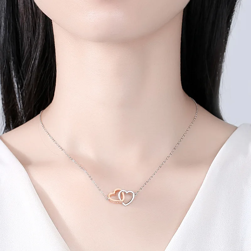 Love Necklace Sweet Pendant Pure Silver Simple Heart to Heart Collar Chain Women's Fashion Jewelry Gift