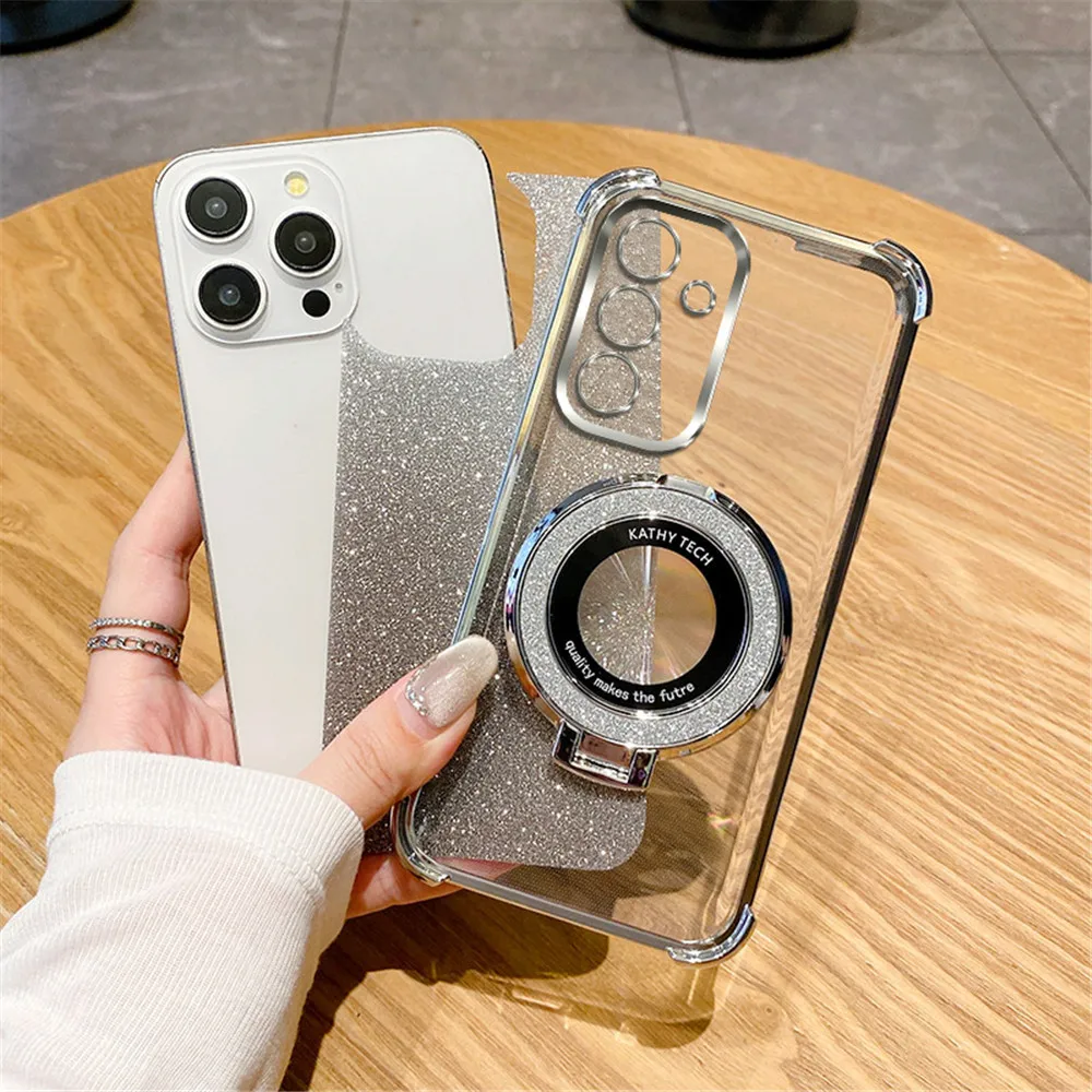 Shockproof Glitter Plating Phone Holder Case with Stand Cover