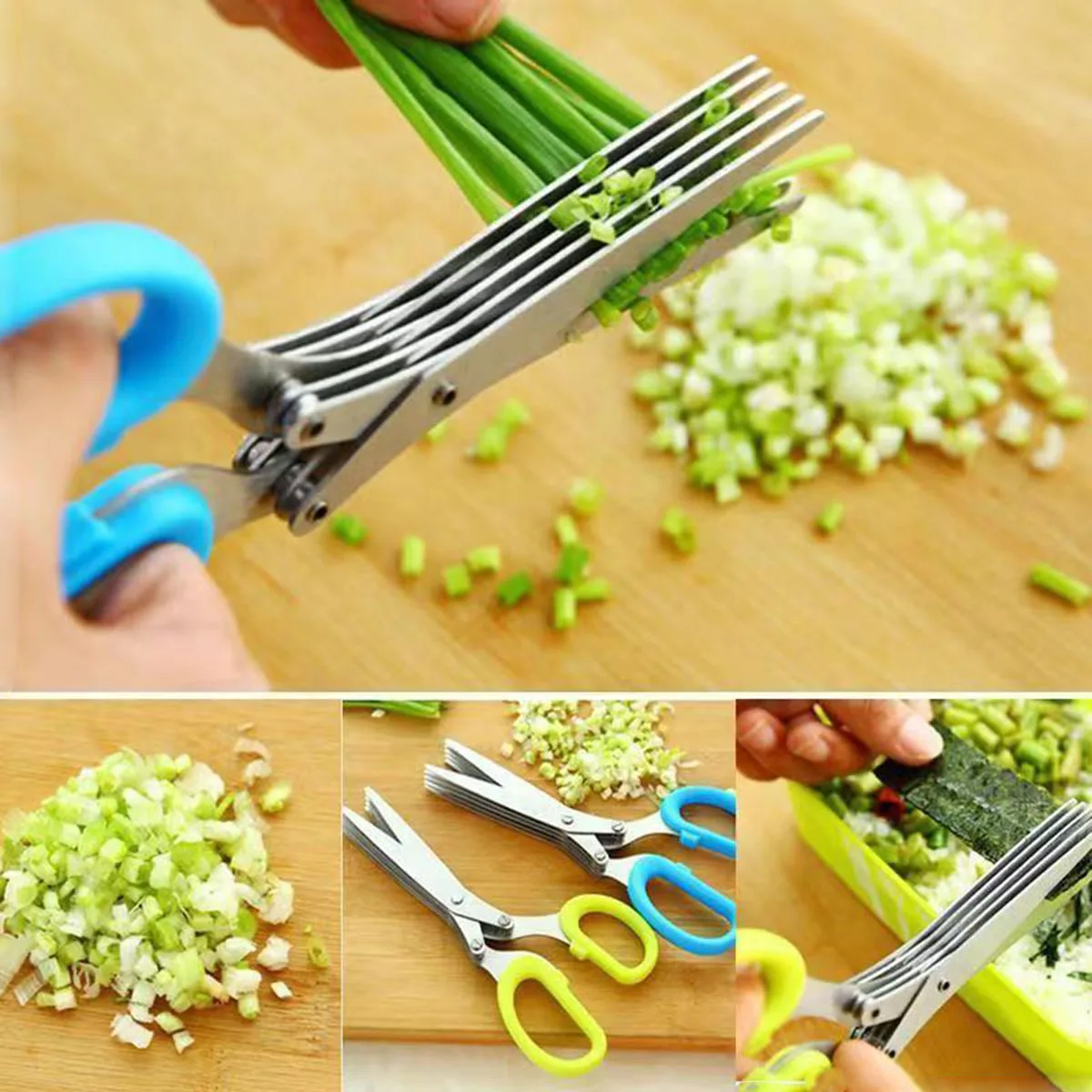 1pc Multi-functional Stainless Steel 3/5 Layer Kitchen Scissors Pepper Shredded Chopped Scallion Cutter Laver Cut Cooking Tool