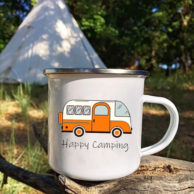 Camper Enamel Travel Mug - Handmade Creative Coffee and Tea Cup with Handle
