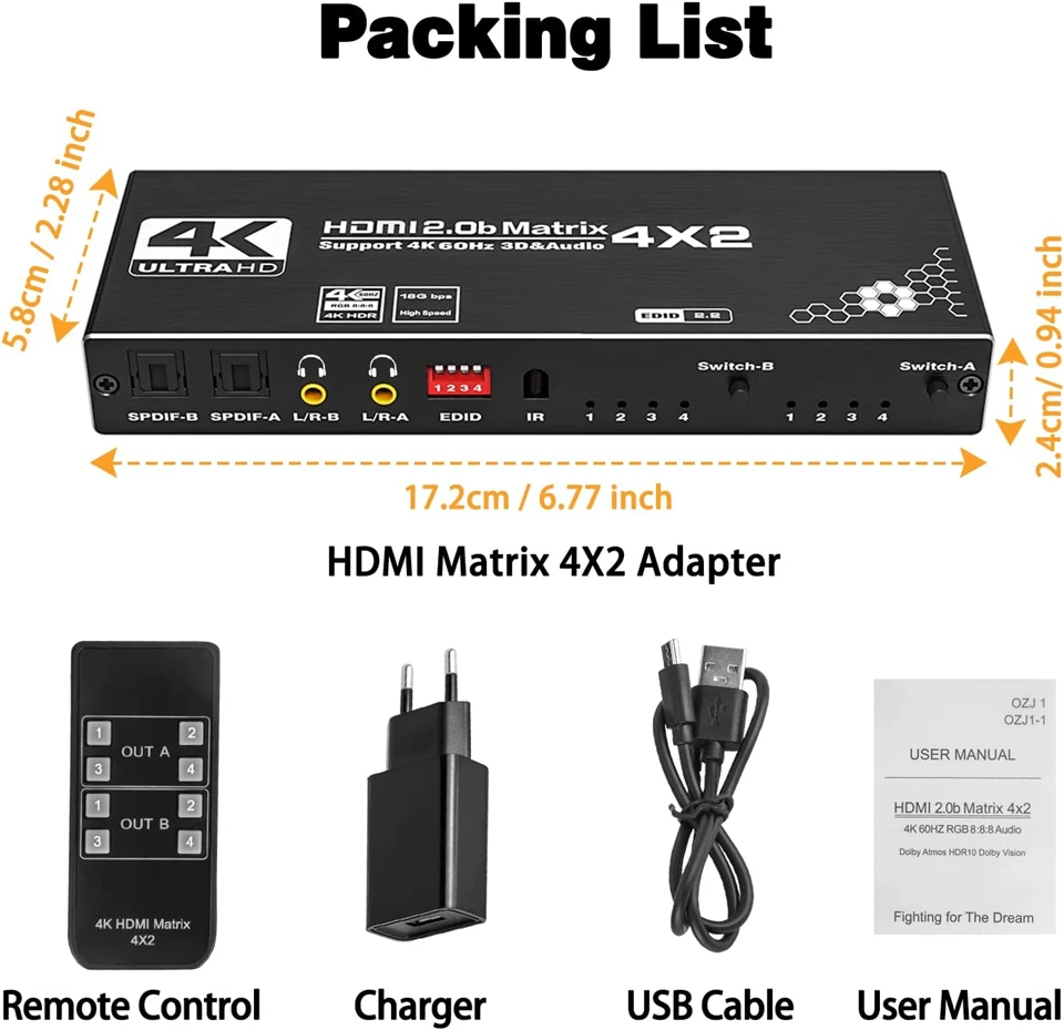 2023 4x2 HDMI Matrix Switch Splitter 4 In 2 Out 2 In 2 Out with SPDIF L/R 3.5mm HDR HDMI-compatible Switch ARC 4K@60Hz for PS5