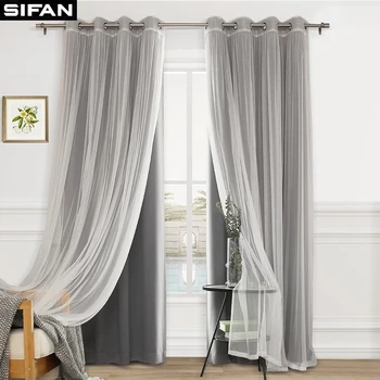 Tenda per finestra solida oscurante e velata a doppio strato per soggiorno, camera da letto, dimensioni personalizzate 1