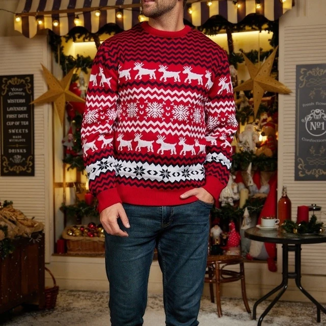 Mens Christmas Sweaters Elk Snowflake Graphic Casual Pullover Knitted  Fashion Jumper Tops Long Sleeve Loose Comfort Sweater