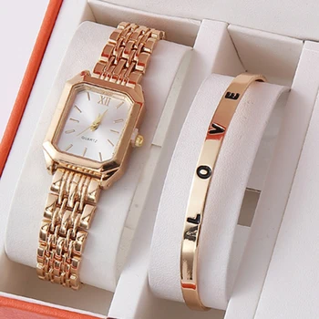Luxury Women's Quartz Watch Set Fashion Alloy Band Business Ladies Watches Square Quality Gold Plated Folding Female Clock