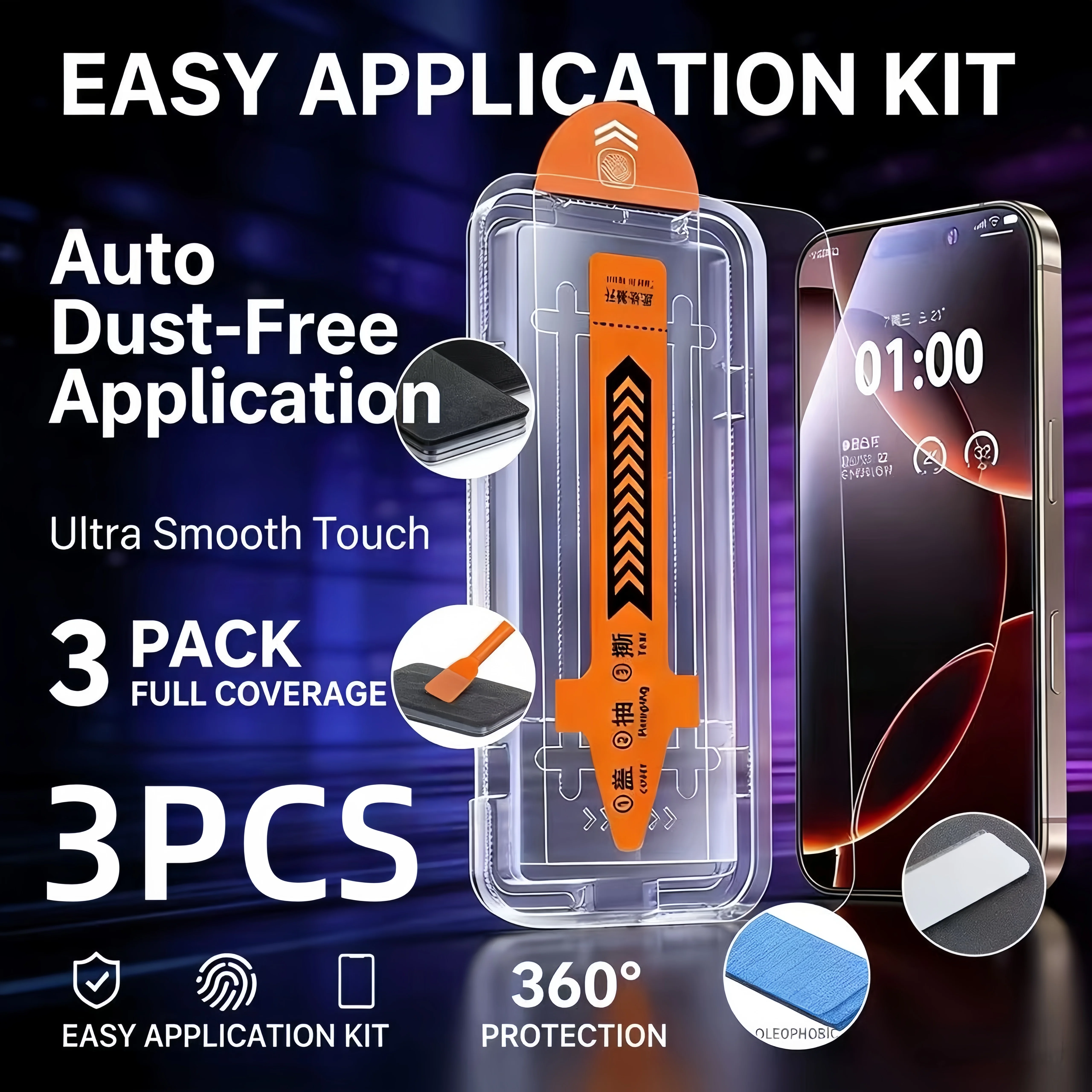 3 יחידות ציפוי אולאופובי ללא אבק התקנה קלה מגן מסך לאייפון17 16 15 14 13 12 11Pro Max 17Air 15 16Plus זכוכית