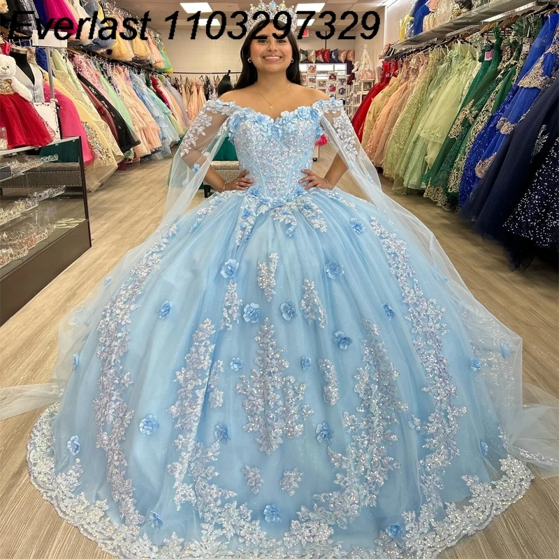 

EVLAST Sky Blue Quinceanera Dress Ball Gown Lace 3D Flower Applique Beaded With Cape Corset Sweet 16 Vestidos De 15 Años TQD172