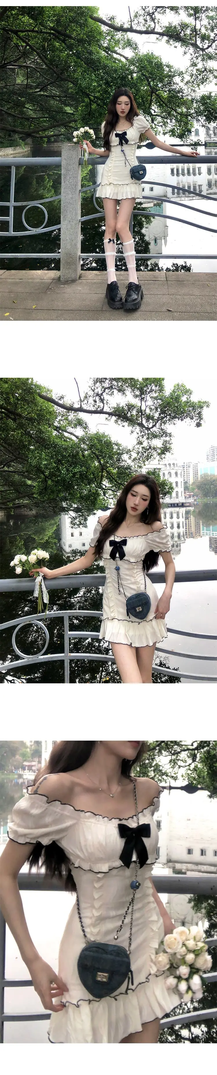 Y2K Ruffles Short Dresses for Women Slim Off Shoulder Puff Sleeve Birthday Party Dress Korean Fashion Summer New Vestidos Mujer