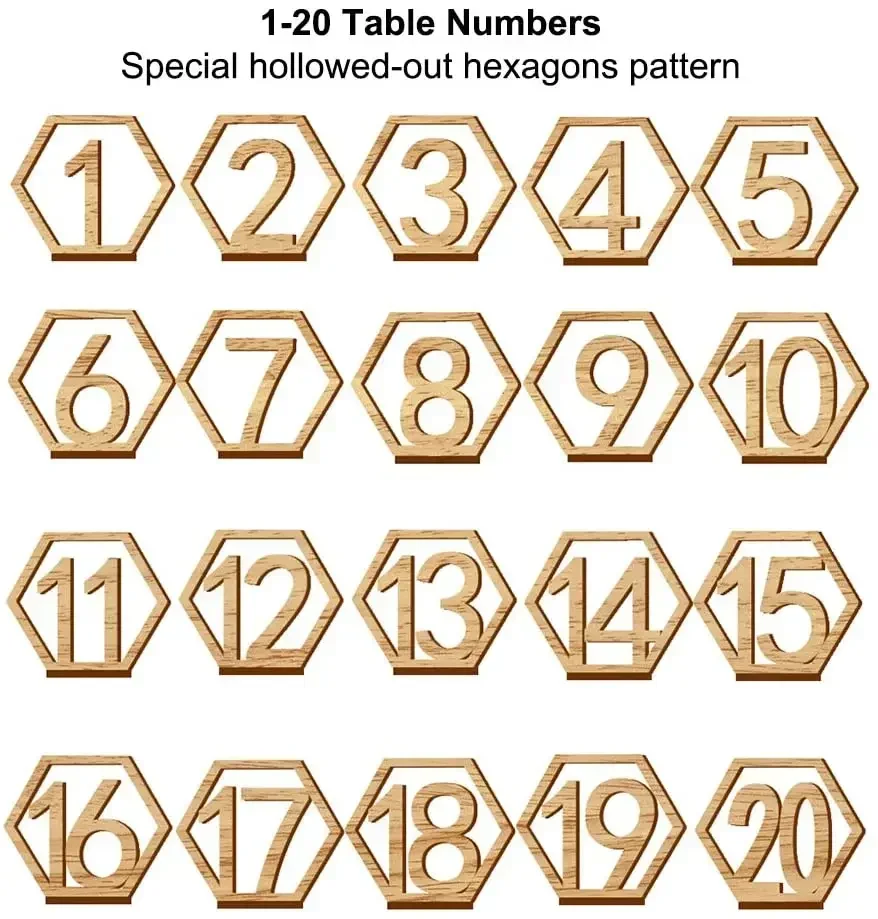 1-20 Number Wooden Table Numbers 20Pcs Hexagon Shape with Holder Base for Wedding Party Events Catering Decor Supplies
