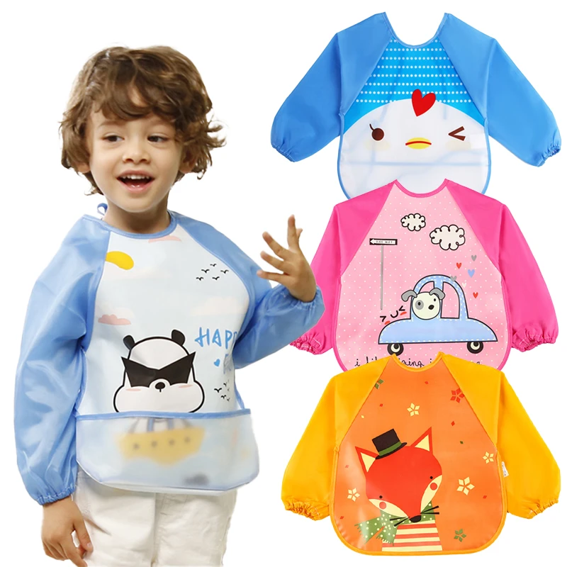 Baby Accessories cute	 Baby Long Sleeve Waterproof Bib Baby Feeding Accessories Cartoon Toddler Food Apron Children Painting Smock Pocket Burp Cloths baby stroller accessories