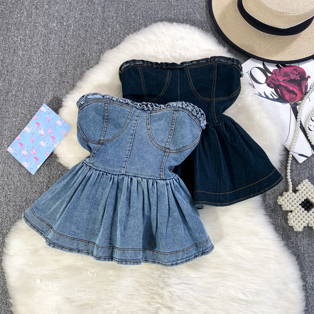 

Women Chic Print Denim Camis Slim Basic Sexy Korean Fashion Sleeveless Strapless Summer Women Top