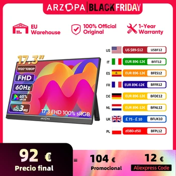 ARZOPA 17.3 FHD Portable Monitor 1080P External Display IPS Screen with USB C mini-HDMI Port for Laptop Mac PC Xbox PS Switch