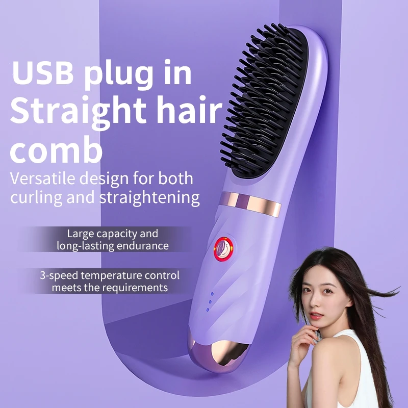 US Plug Straight Hair Comb 3rd Gear Adjustment Mini Ionic Hot Comb Straightener Lightweight Protable Straightening Brush