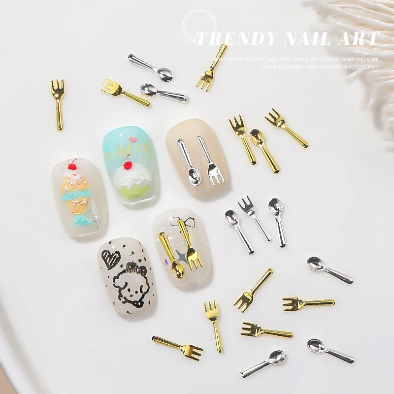 50Pcs Mixed Ins Niche Tableware Series Spoon Fork Nail 3D Metal Nail Mold Nail Decorations DIY Nail Art Charm Accessories 5